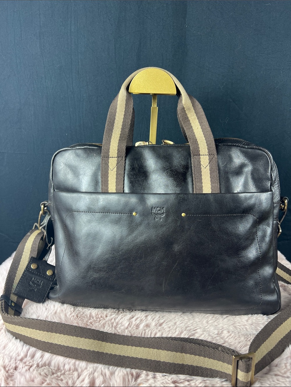 MCM München Vintage Black Leather Briefcase Laptop Messenger Shoulder Bag EUC